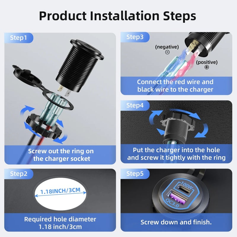 Bluejw 100W PD USB-C Car Charger & 18W QC3.0 USB-A Fast Charger - Waterproof Blue LED Car Adapter for 12V/24V Auto Truck Boat RV Yacht - Automobile Chargers - Image 4